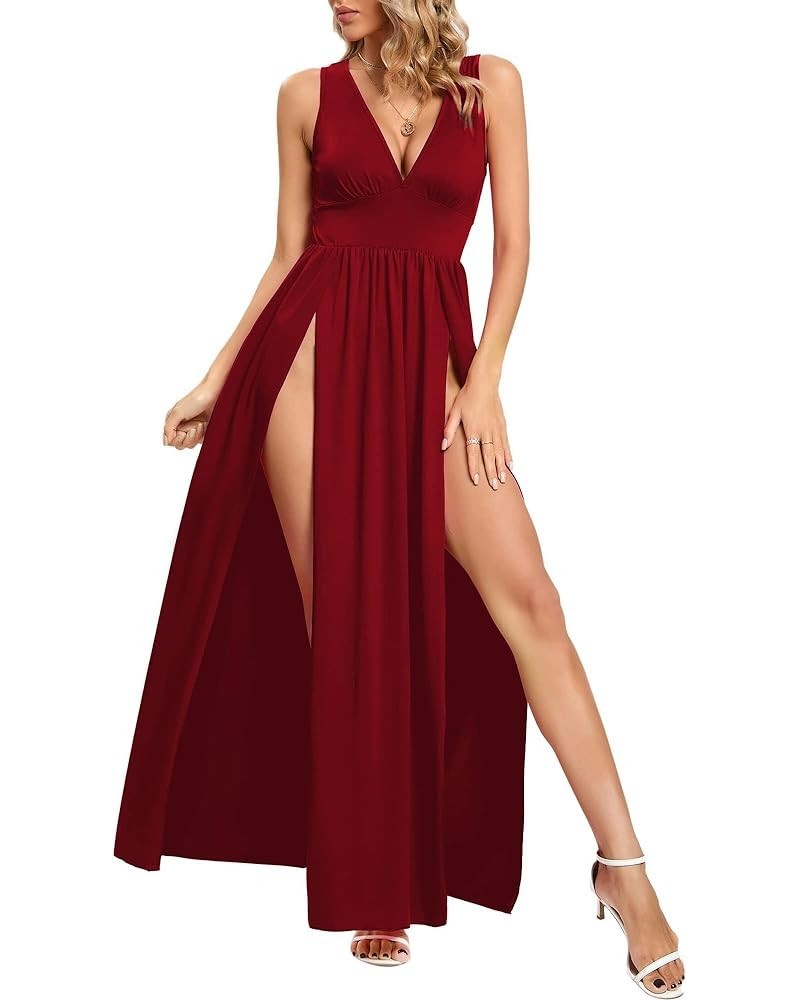 Women's Summer 2024 Sexy Double High Slit Deep V Neck Plus Size Sundresses Thigh Split Maxi Club Party Dresses Sleeveless 1wi...