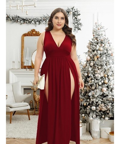 Women's Summer 2024 Sexy Double High Slit Deep V Neck Plus Size Sundresses Thigh Split Maxi Club Party Dresses Sleeveless 1wi...