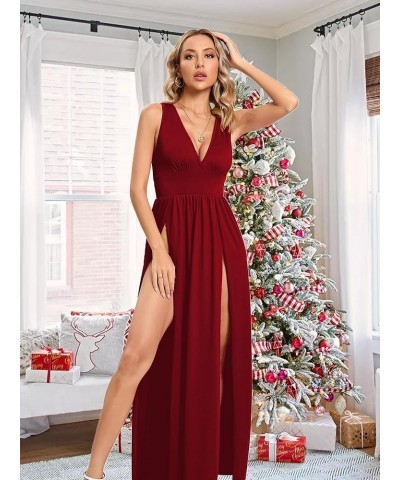 Women's Summer 2024 Sexy Double High Slit Deep V Neck Plus Size Sundresses Thigh Split Maxi Club Party Dresses Sleeveless 1wi...