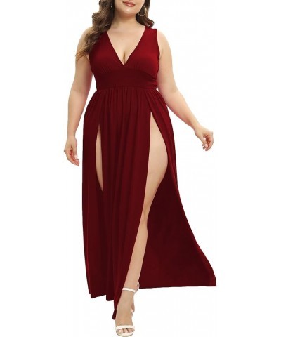 Women's Summer 2024 Sexy Double High Slit Deep V Neck Plus Size Sundresses Thigh Split Maxi Club Party Dresses Sleeveless 1wi...