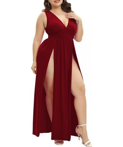 Women's Summer 2024 Sexy Double High Slit Deep V Neck Plus Size Sundresses Thigh Split Maxi Club Party Dresses Sleeveless 1wi...