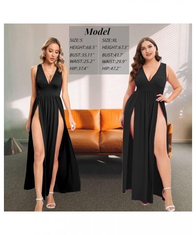 Women's Summer 2024 Sexy Double High Slit Deep V Neck Plus Size Sundresses Thigh Split Maxi Club Party Dresses Sleeveless 1wi...