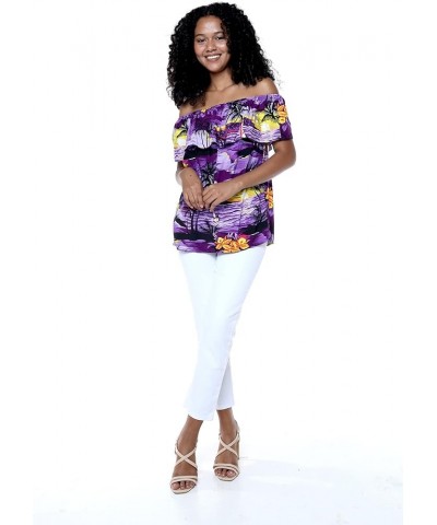 Women's Hawaiian Off-Shoulder Ruffle Muumuu Top in Tropical Prints Sunset Purple $17.68 Blouses