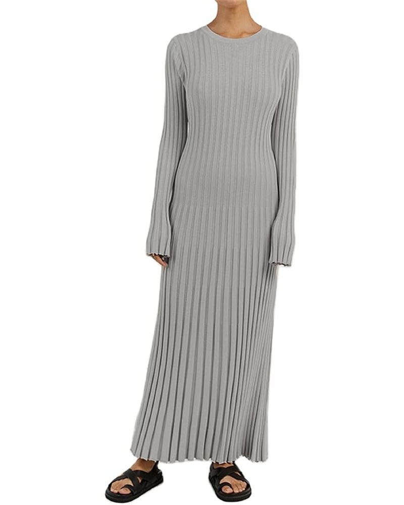 Womens Ribbed Knit Maxi Dress Long Sleeve Crew Neck Slim Fit Fall Sweater Dress Clubwear Y2k Knit Long Sleeve Dress Light Gra...