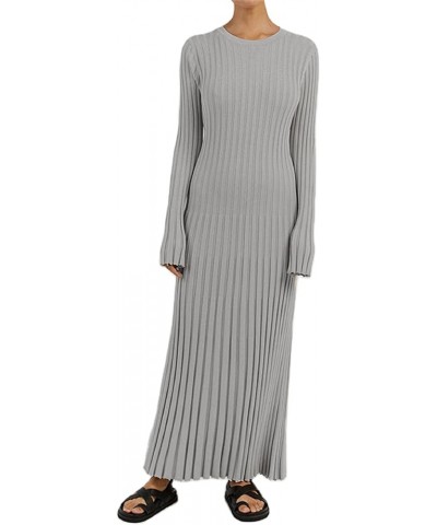 Womens Ribbed Knit Maxi Dress Long Sleeve Crew Neck Slim Fit Fall Sweater Dress Clubwear Y2k Knit Long Sleeve Dress Light Gra...