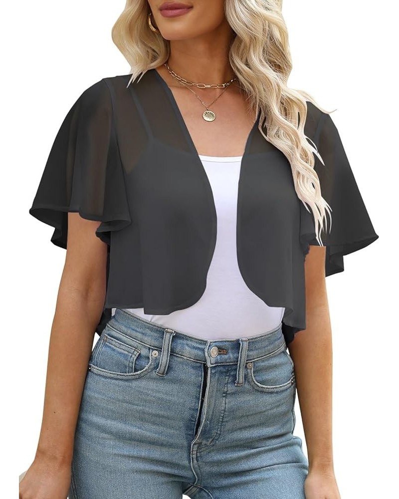 Women Summer Open Front Sheer Short Sleeve Ruffle Cropped Chiffon Capes Bolero Shrug Cardigan Dark Grey $10.25 Sweaters