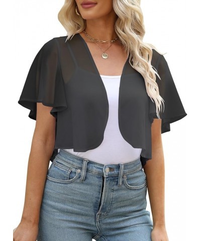 Women Summer Open Front Sheer Short Sleeve Ruffle Cropped Chiffon Capes Bolero Shrug Cardigan Dark Grey $10.25 Sweaters