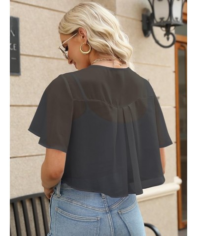 Women Summer Open Front Sheer Short Sleeve Ruffle Cropped Chiffon Capes Bolero Shrug Cardigan Dark Grey $10.25 Sweaters