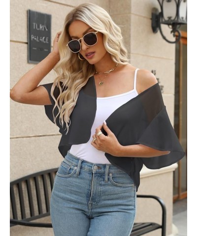 Women Summer Open Front Sheer Short Sleeve Ruffle Cropped Chiffon Capes Bolero Shrug Cardigan Dark Grey $10.25 Sweaters