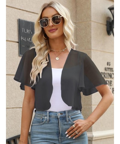 Women Summer Open Front Sheer Short Sleeve Ruffle Cropped Chiffon Capes Bolero Shrug Cardigan Dark Grey $10.25 Sweaters