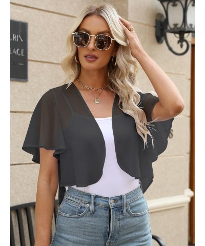 Women Summer Open Front Sheer Short Sleeve Ruffle Cropped Chiffon Capes Bolero Shrug Cardigan Dark Grey $10.25 Sweaters