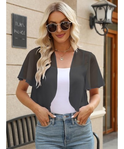 Women Summer Open Front Sheer Short Sleeve Ruffle Cropped Chiffon Capes Bolero Shrug Cardigan Dark Grey $10.25 Sweaters