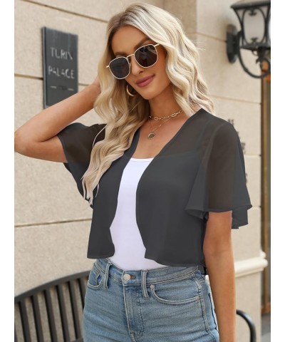 Women Summer Open Front Sheer Short Sleeve Ruffle Cropped Chiffon Capes Bolero Shrug Cardigan Dark Grey $10.25 Sweaters