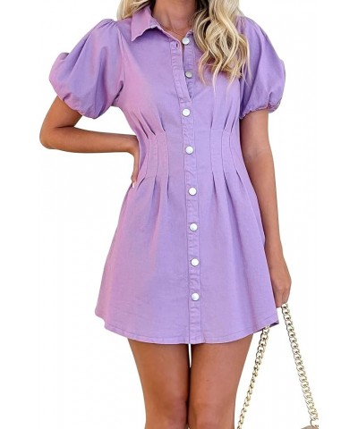 Summer Denim Dress for Women Puff Sleeve Slim Fit Jean Dresses for Women 2024 Casual Purple $20.04 Dresses