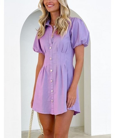 Summer Denim Dress for Women Puff Sleeve Slim Fit Jean Dresses for Women 2024 Casual Purple $20.04 Dresses