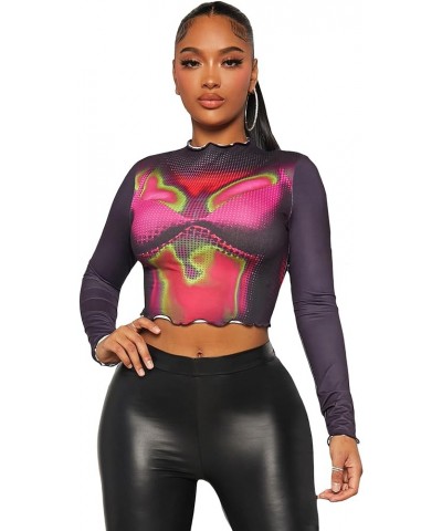 Women's Graphic Figure Crop Top Tee Long Sleeve Colorblock Round Neck T Shirt Multicolor $12.99 T-Shirts