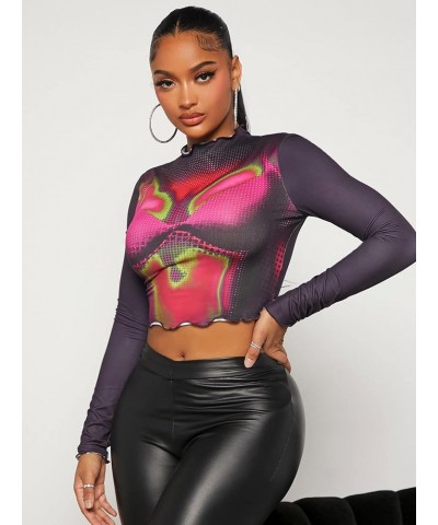 Women's Graphic Figure Crop Top Tee Long Sleeve Colorblock Round Neck T Shirt Multicolor $12.99 T-Shirts