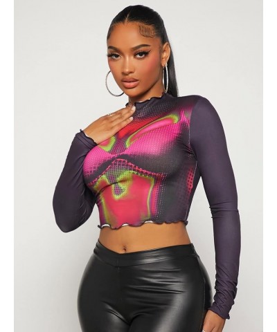 Women's Graphic Figure Crop Top Tee Long Sleeve Colorblock Round Neck T Shirt Multicolor $12.99 T-Shirts