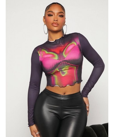 Women's Graphic Figure Crop Top Tee Long Sleeve Colorblock Round Neck T Shirt Multicolor $12.99 T-Shirts