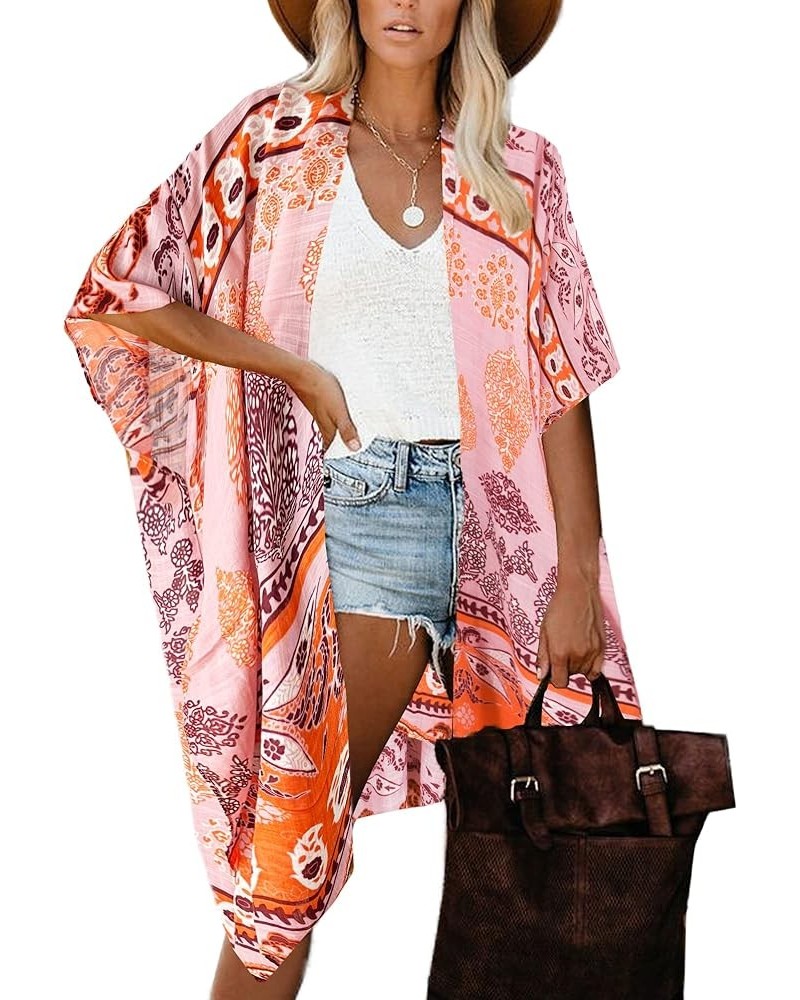 Women's Kimono Cardigan Summer Swimsuit Coverups Beach Cover Up with Floral Print for Vacation Orange Pink $16.78 Swimsuits