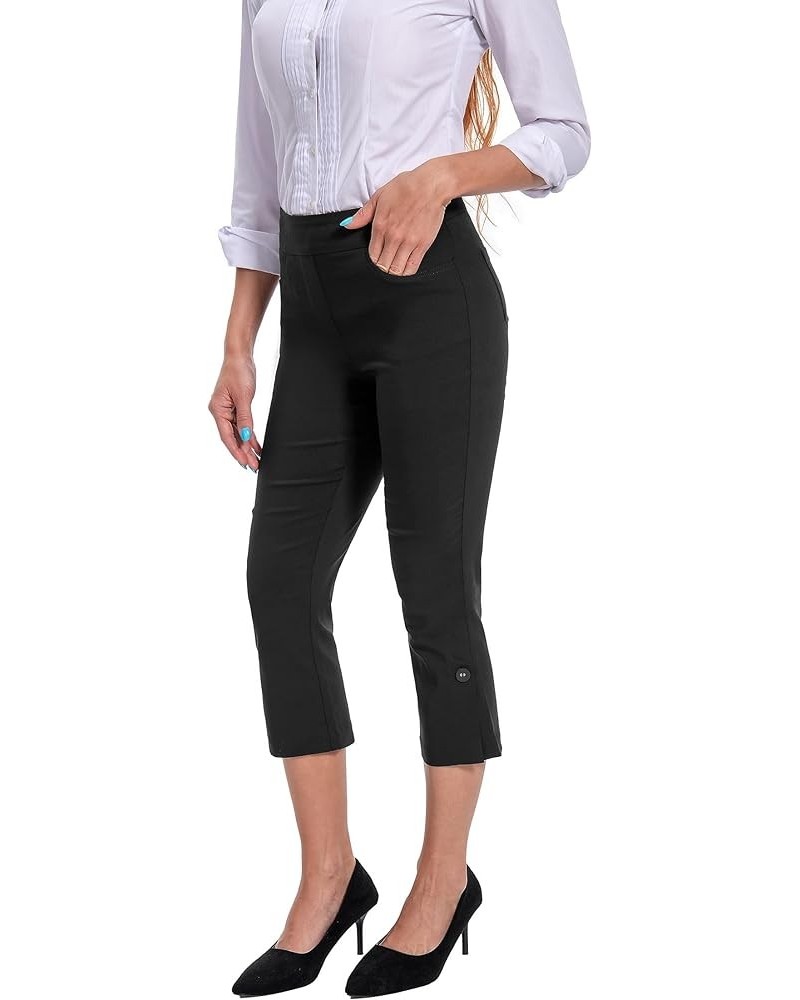 Women's Work Causal Millennium Button-Hem Super Stretch Career Dress Pull On Capri with Two Front Pockets Black $18.78 Pants