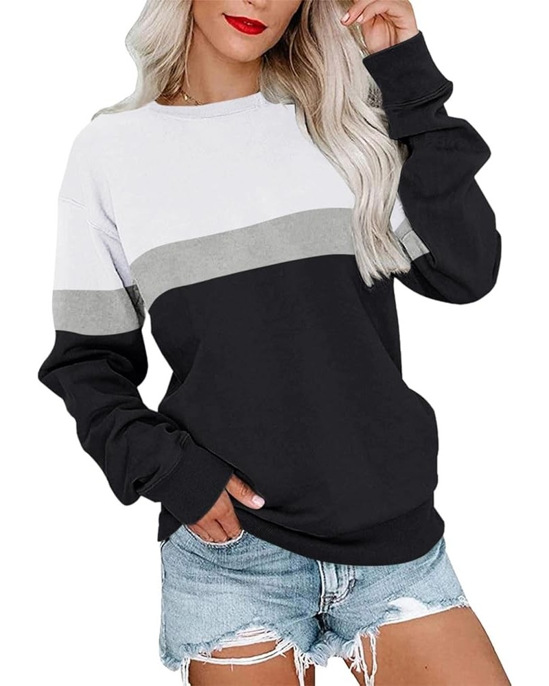 Womens Crew Neck Color Block/Solid Sweatshirts Tops Long Sleeve Casual Pullover Cute Lightweight Loose Tops B- White Black $1...