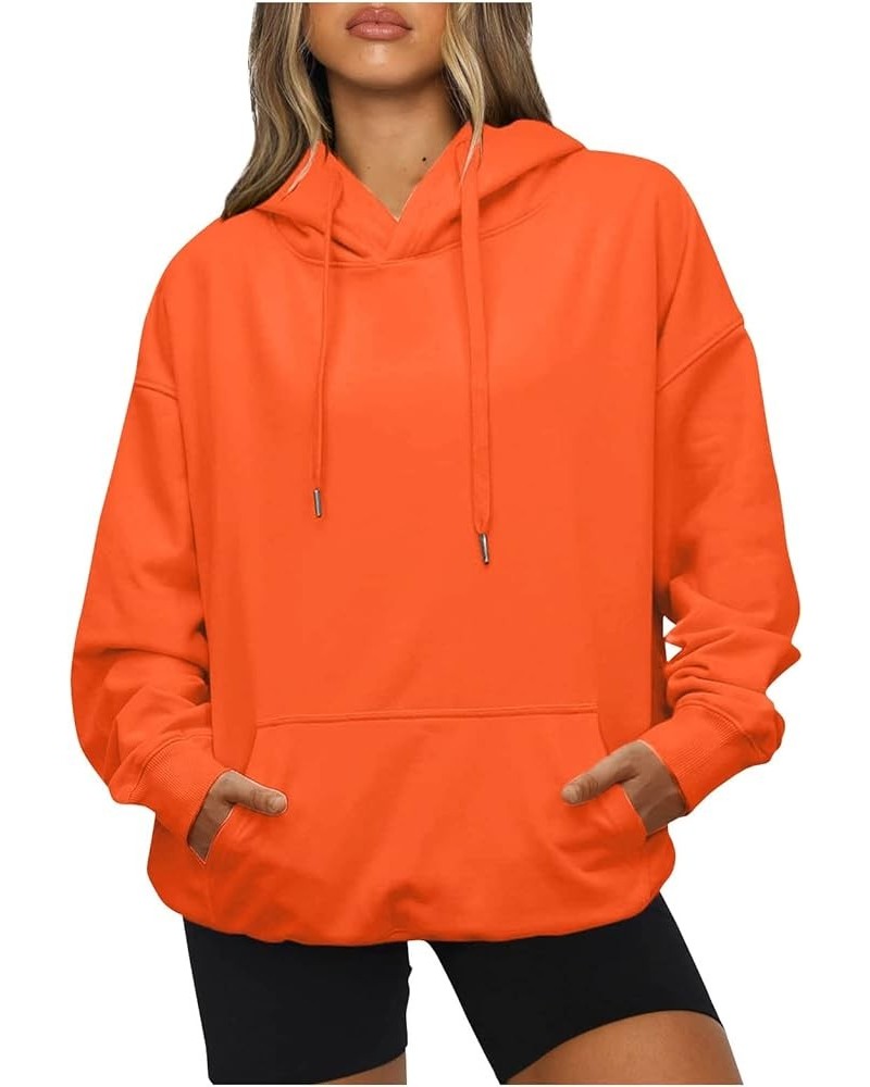 Oversized Hoodie Woman Drawstring Fleece Sweatshirt with Pockets Solid Long Sleeve Fall Pullover Loose Cute Hoodies F04-orang...