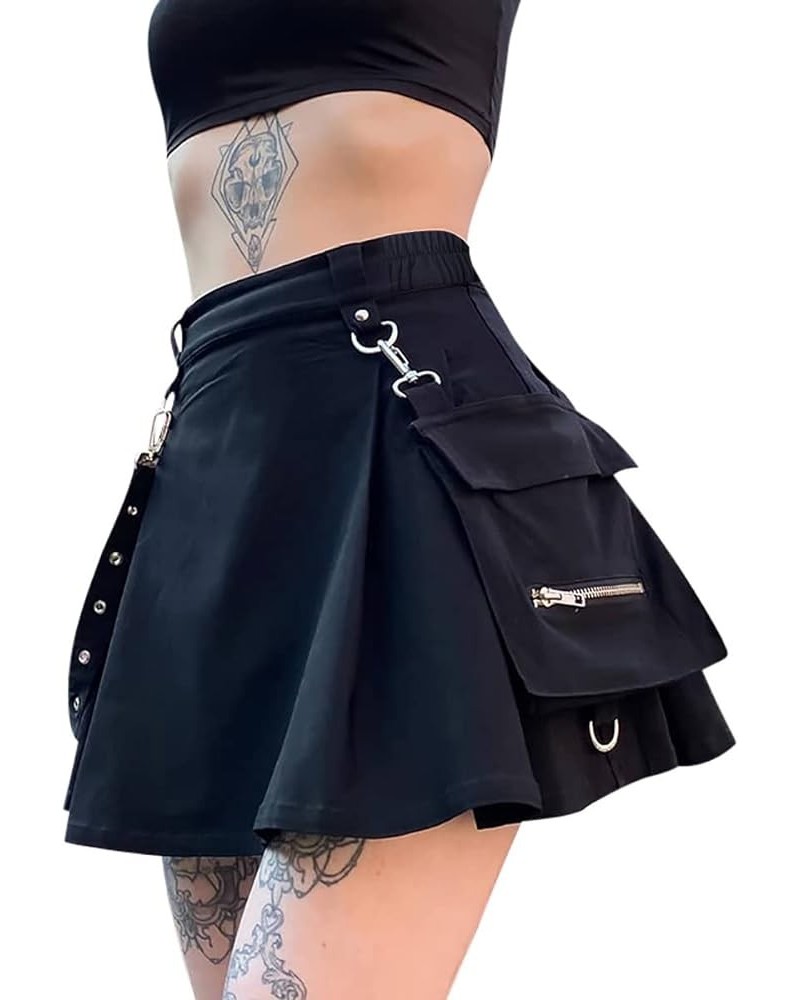 Goth Black Pleated Mini Skirt with Chain High Waisted Tennis Skirt Black With Waistband $19.71 Skirts