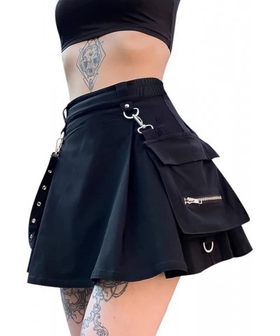 Goth Black Pleated Mini Skirt with Chain High Waisted Tennis Skirt Black With Waistband $19.71 Skirts