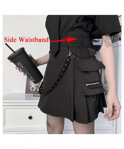 Goth Black Pleated Mini Skirt with Chain High Waisted Tennis Skirt Black With Waistband $19.71 Skirts