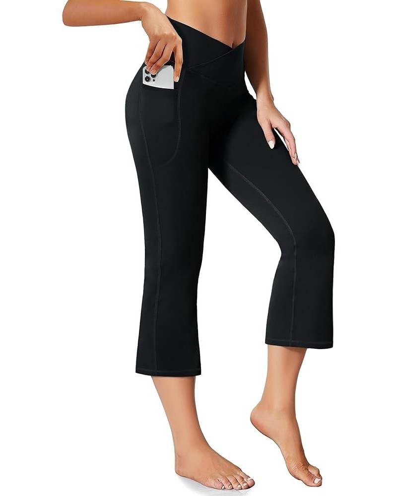 Women's Flare Yoga Pants with Pockets Crossover High Waisted Bootcut Flare Yoga Leggings Tummy Control Workout Pants Capri Bl...