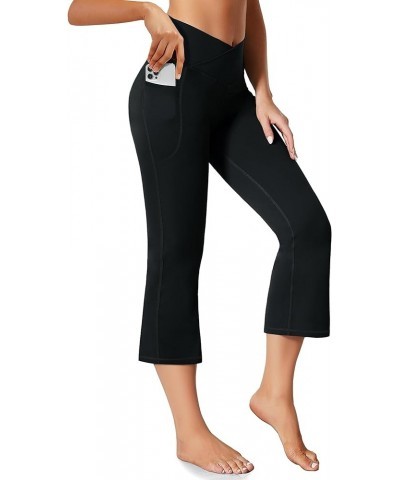 Women's Flare Yoga Pants with Pockets Crossover High Waisted Bootcut Flare Yoga Leggings Tummy Control Workout Pants Capri Bl...