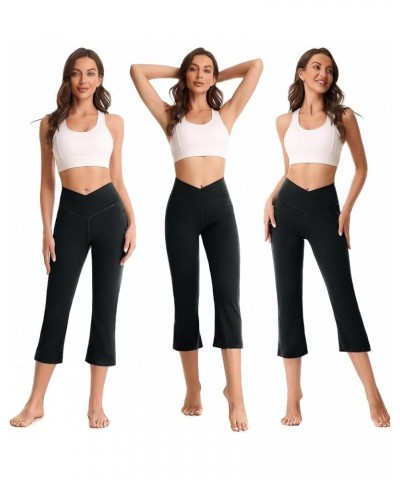 Women's Flare Yoga Pants with Pockets Crossover High Waisted Bootcut Flare Yoga Leggings Tummy Control Workout Pants Capri Bl...