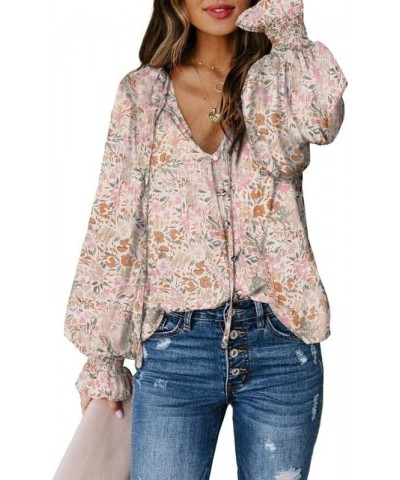 SHEWIN Women's Casual Boho Floral Print V Neck Long Sleeve Drawstring Tops Loose Blouses Button Down Shirts C-z-flower Aprico...