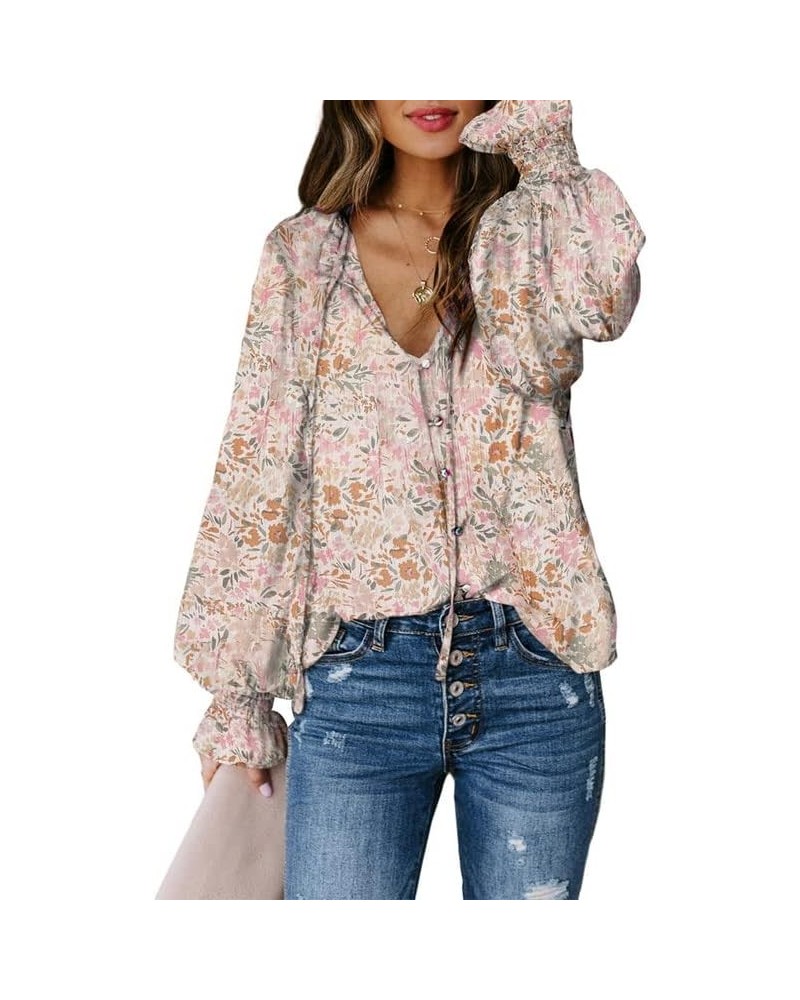 SHEWIN Women's Casual Boho Floral Print V Neck Long Sleeve Drawstring Tops Loose Blouses Button Down Shirts C-z-flower Aprico...