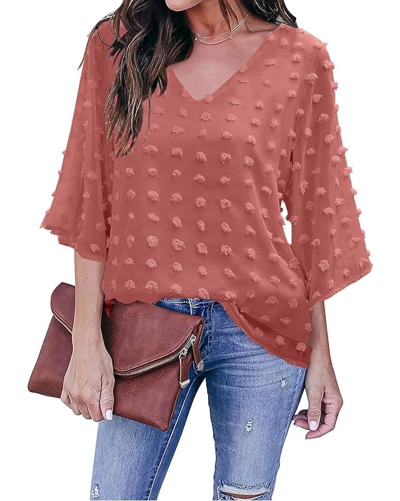 Women's Casual V Neck Bell Sleeve Blouse Pom Pom Loose Shirt Top Dusty Cedar Red $13.99 Blouses