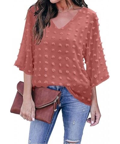 Women's Casual V Neck Bell Sleeve Blouse Pom Pom Loose Shirt Top Dusty Cedar Red $13.99 Blouses