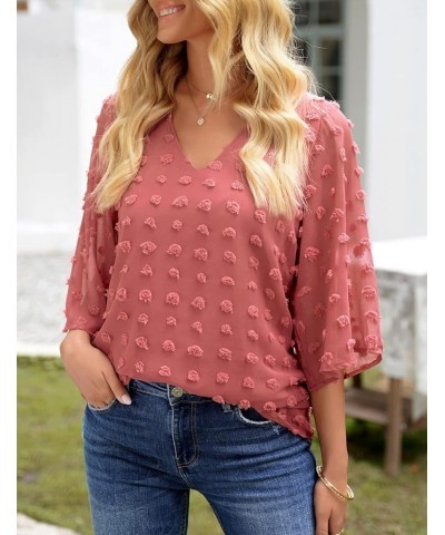 Women's Casual V Neck Bell Sleeve Blouse Pom Pom Loose Shirt Top Dusty Cedar Red $13.99 Blouses