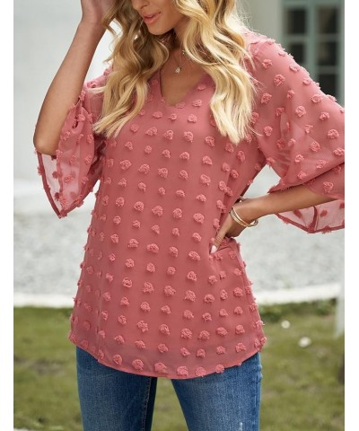 Women's Casual V Neck Bell Sleeve Blouse Pom Pom Loose Shirt Top Dusty Cedar Red $13.99 Blouses