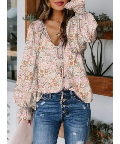 SHEWIN Women's Casual Boho Floral Print V Neck Long Sleeve Drawstring Tops Loose Blouses Button Down Shirts C-z-flower Aprico...