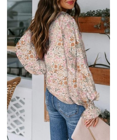 SHEWIN Women's Casual Boho Floral Print V Neck Long Sleeve Drawstring Tops Loose Blouses Button Down Shirts C-z-flower Aprico...