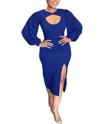 Women's 2023 Maxi Dress Cutout Puff Sleeve Ruffle Split Dress Sexy Summer Beachwear Dresses Blue $19.46 Dresses