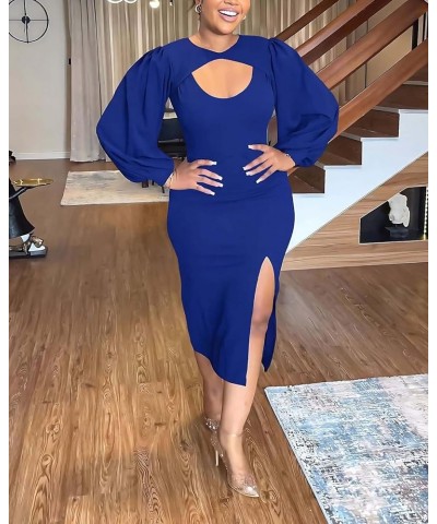 Women's 2023 Maxi Dress Cutout Puff Sleeve Ruffle Split Dress Sexy Summer Beachwear Dresses Blue $19.46 Dresses