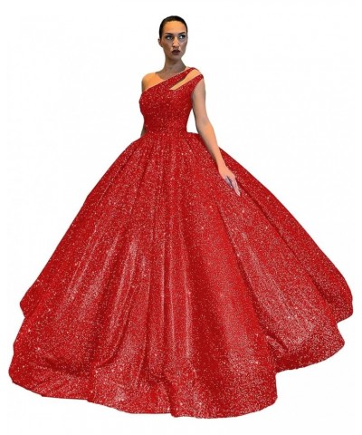 Sparkly Sequin Quinceanera Dresses One Shoulder Prom Dresses Long Ball Gown Puffy Sweet 16 Dresses for Teens Red $46.62 Dresses