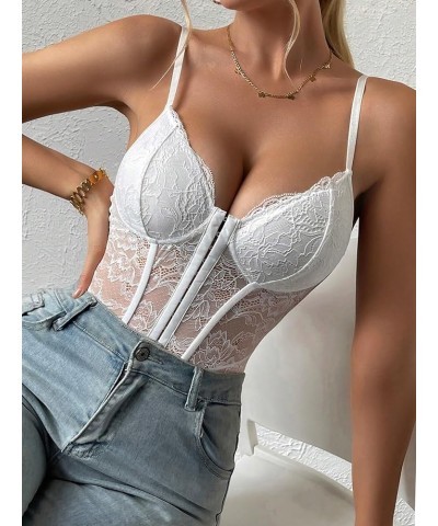 Women's Floral Print Lace V Neck Spaghetti Strap Cami Bodysuit Corset Top White Plain $13.05 Bodysuits