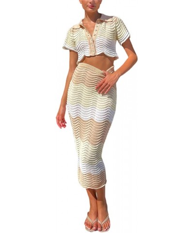 Women Crochet Knit 2 Piece Skirt Set Hollow Out Crop Top Low Waist Bodycon Maxi Skirt 2Pc Summer Y2k Beach Outfit Set B Yello...