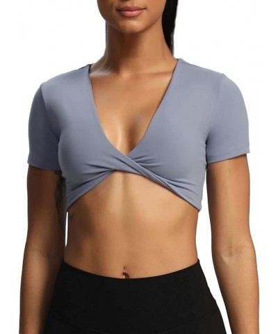 Short Sleeve Crop Tops for Women Sienna Twist Deep V Workout Crop T Shirt Top Lazuli $19.19 Activewear