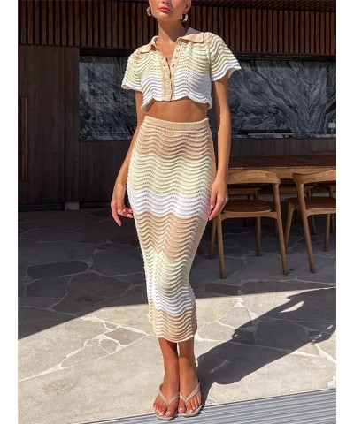 Women Crochet Knit 2 Piece Skirt Set Hollow Out Crop Top Low Waist Bodycon Maxi Skirt 2Pc Summer Y2k Beach Outfit Set B Yello...