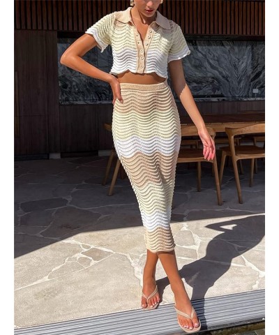 Women Crochet Knit 2 Piece Skirt Set Hollow Out Crop Top Low Waist Bodycon Maxi Skirt 2Pc Summer Y2k Beach Outfit Set B Yello...