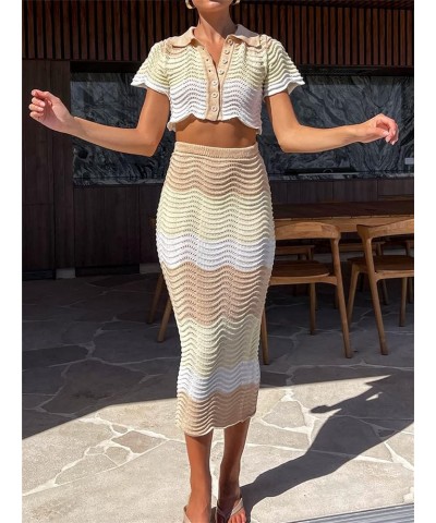 Women Crochet Knit 2 Piece Skirt Set Hollow Out Crop Top Low Waist Bodycon Maxi Skirt 2Pc Summer Y2k Beach Outfit Set B Yello...